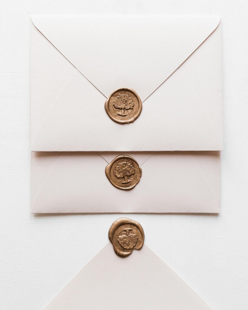 Three elegant envelopes featuring decorative wax seals on a white background.